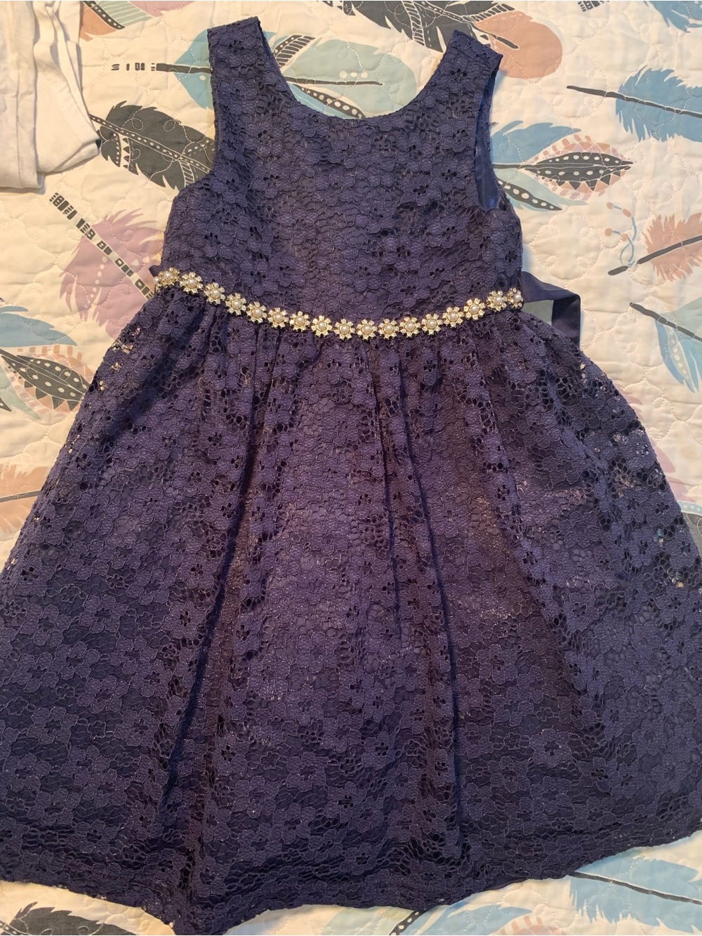 American Princess Navy Lace Dress with Pearl Floral Beading